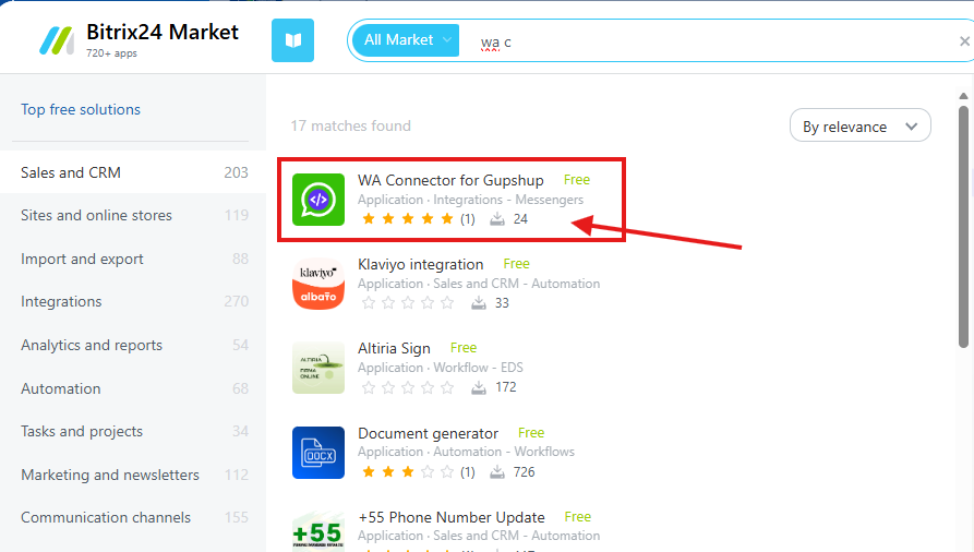 Página do WhatsApp API Connector Gupshup no Marketplace do Bitrix24