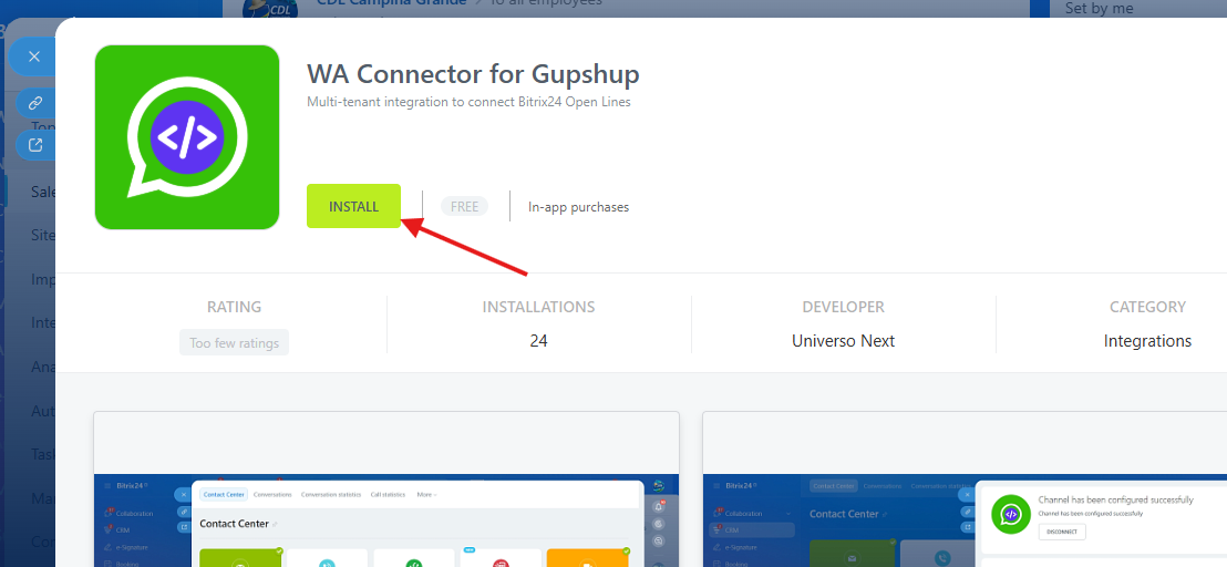 Tela de instalação do WhatsApp API Connector Gupshup no Bitrix24