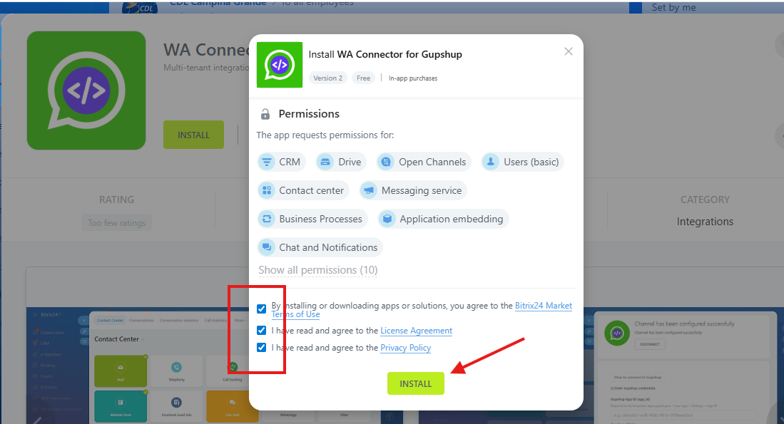 Tela de aceite de termos do WhatsApp API Connector Gupshup