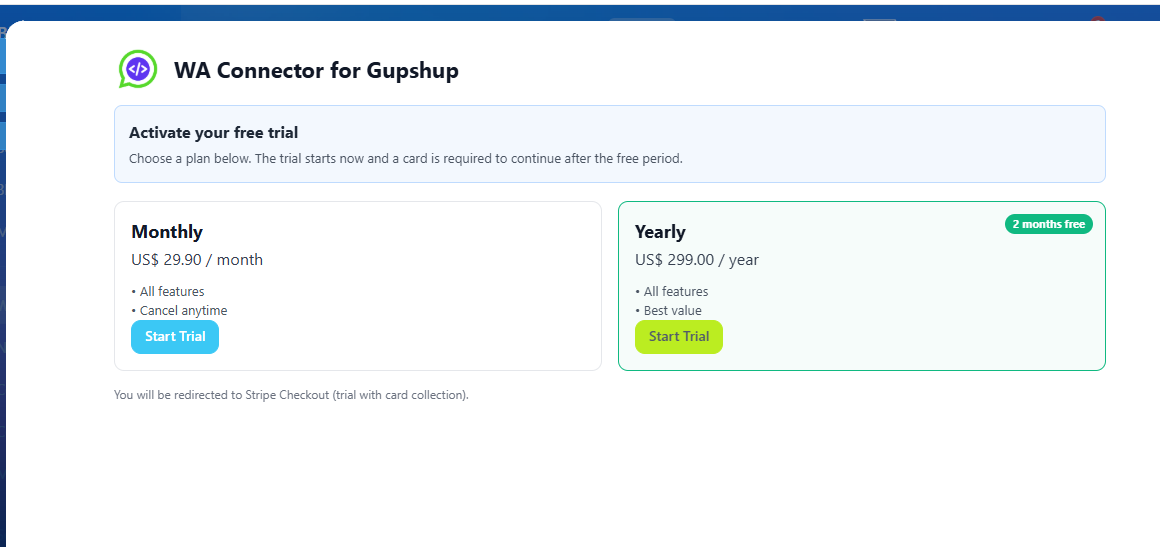 Tela de ativação do trial do WhatsApp API Connector Gupshup