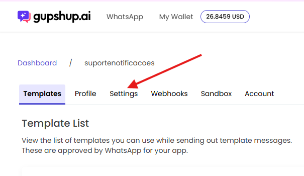 Aba Settings do app no Gupshup