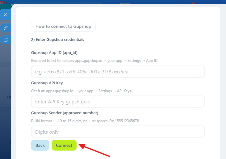 Formulário do WhatsApp API Connector Gupshup com credenciais preenchidas