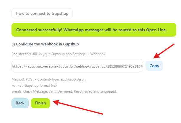 URL de Webhook gerada pelo WhatsApp API Connector Gupshup