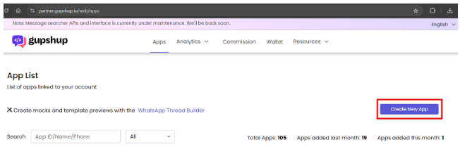 Apps Dashboard do Gupshup com o botão Create New App
