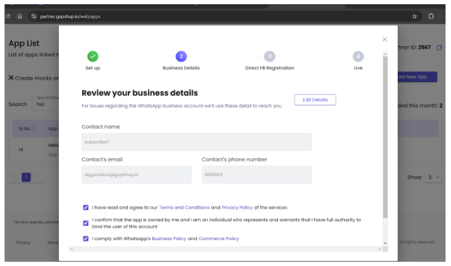 Fluxo embarcado do Facebook aberto dentro do Gupshup