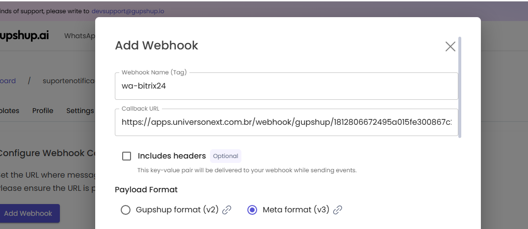 Configuração do webhook no Gupshup com URL e API v2 selecionada