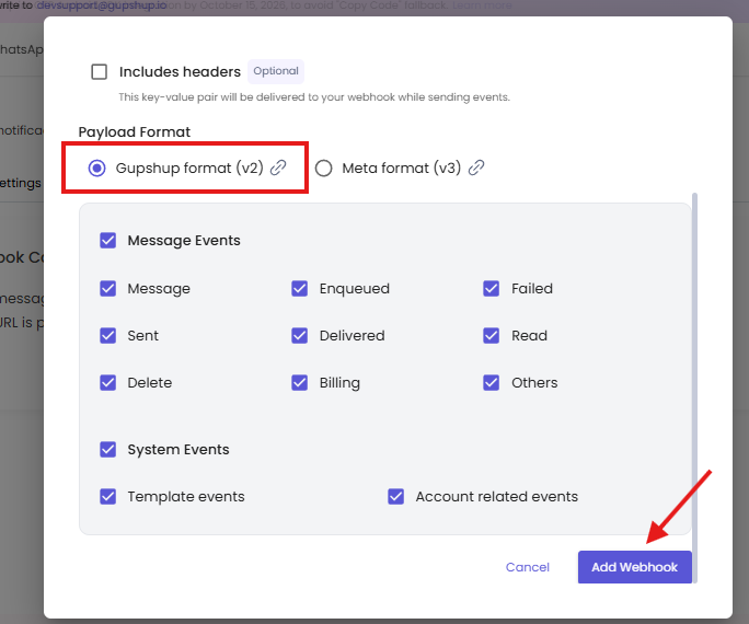 Lista de eventos da API v2 todos marcados no Gupshup